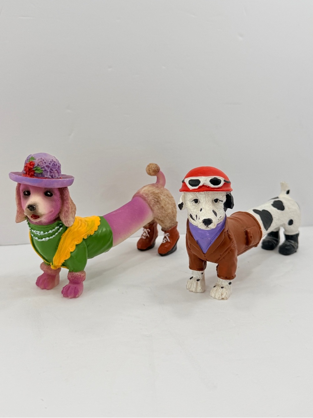 Kitsch Resin Long Dog Figurine Pair - Aviator Dalmatian & Poodle in Boots